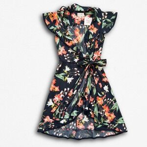 Hi There from Karen Walker Floral Wrap Dress Ruffle Flutter Sleeve Navy Orange 6
